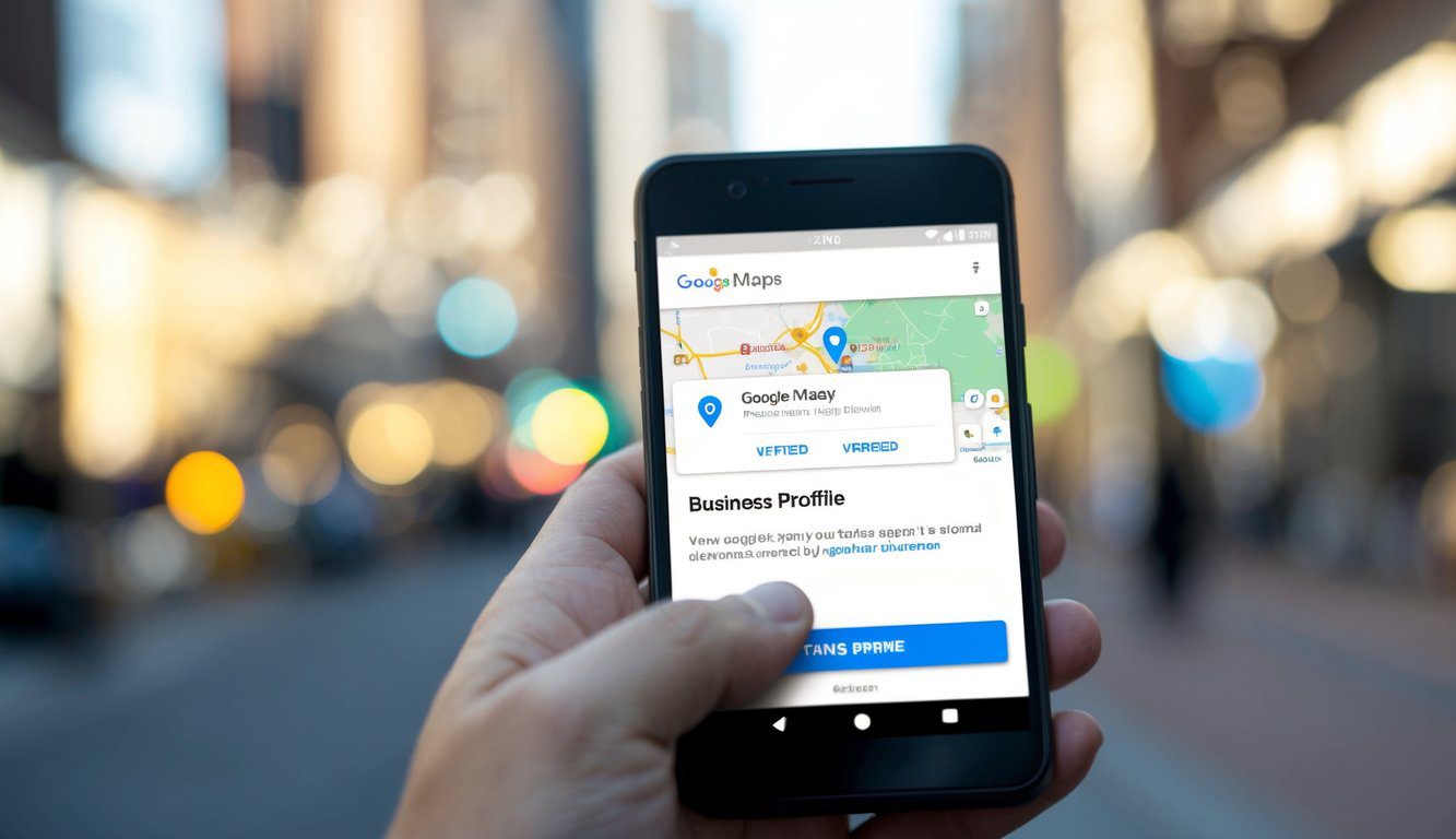 A smartphone displaying the Google Maps app with a business profile being verified and added to the map