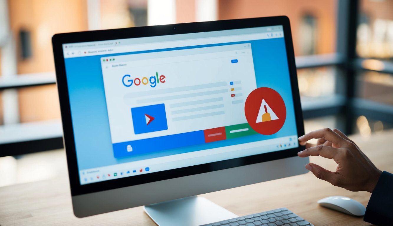 A computer screen displaying a Google review page with a red "flag" icon highlighted, while a hand hovers over a mouse to click on it