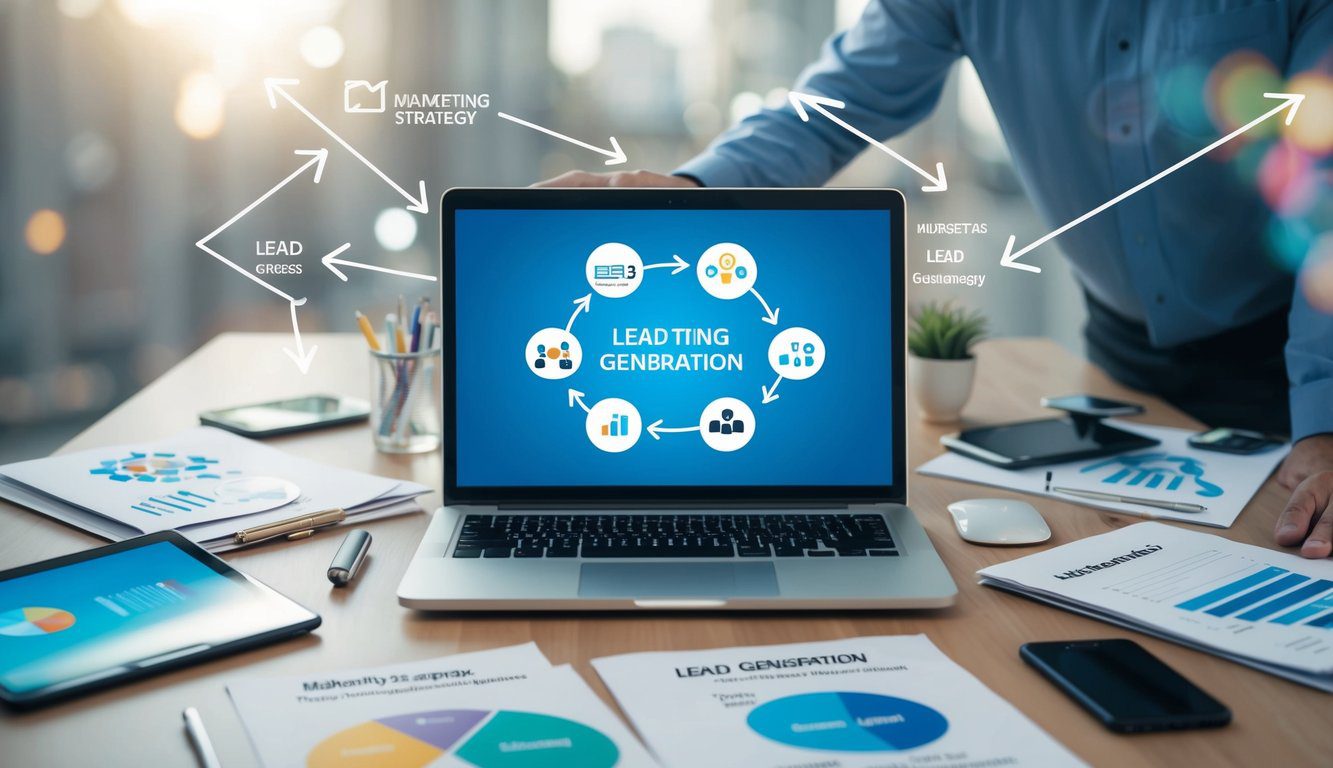 A laptop surrounded by various marketing materials and tools, with a flowchart and arrows representing the lead generation strategy