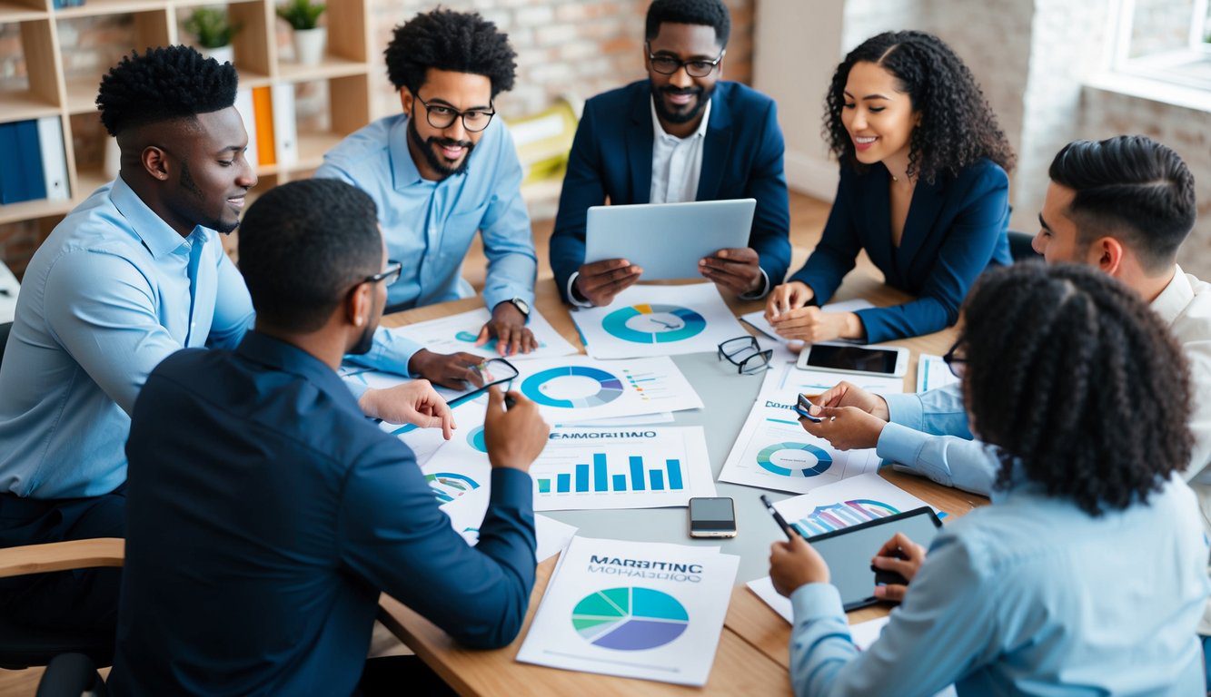 A group of diverse individuals engaged in a brainstorming session, surrounded by charts, graphs, and marketing materials