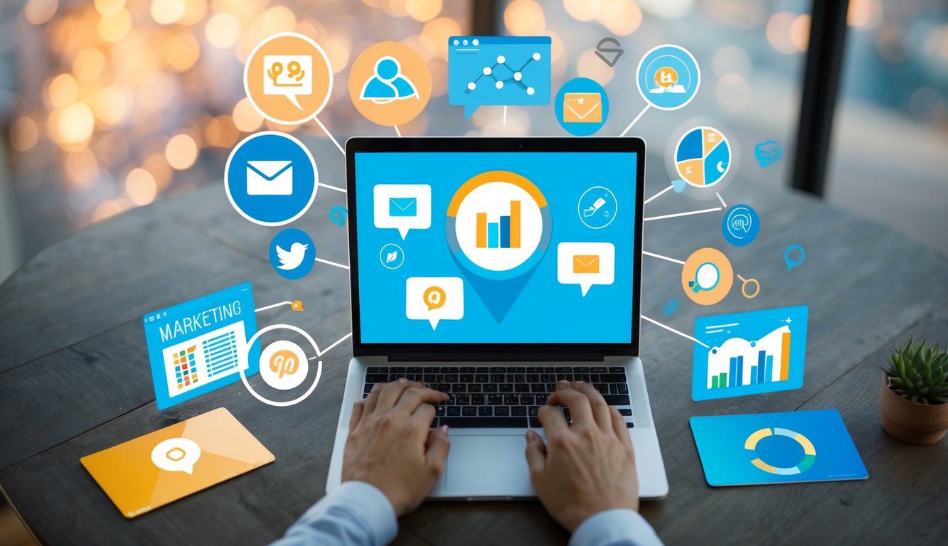 A laptop surrounded by various digital marketing tools and strategies, including social media icons, email marketing graphics, and website analytics charts