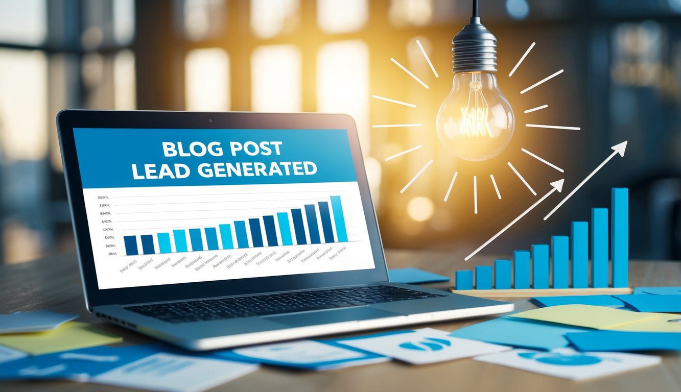 A laptop surrounded by various blog post ideas and a chart showing an increase in leads generated, with a lightbulb overhead symbolizing new ideas for lead generation
