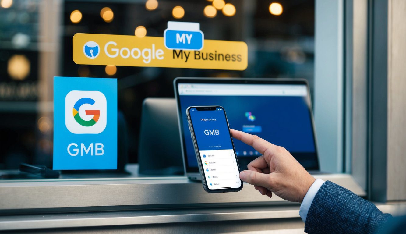 A storefront with a "Google My Business" sticker on the window, a person entering business information on a computer, and a phone displaying the GMB app