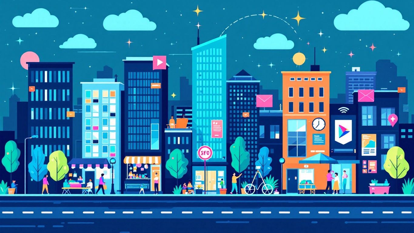 Minimalist vector art of a city with digital elements.