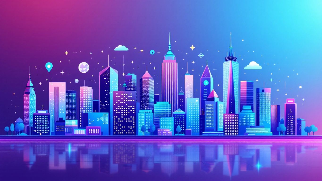 Vector illustration of a city skyline with digital elements.