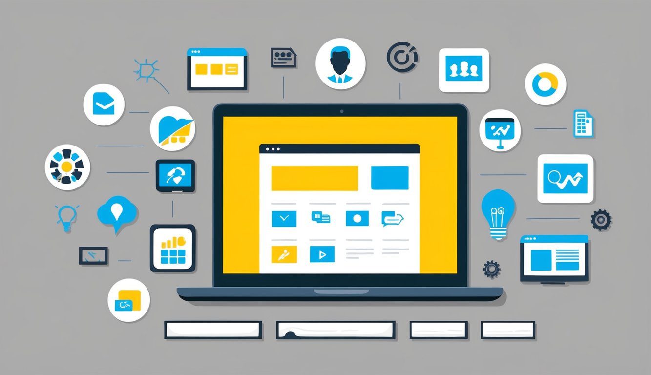 A laptop with a glowing screen surrounded by various digital marketing icons and symbols