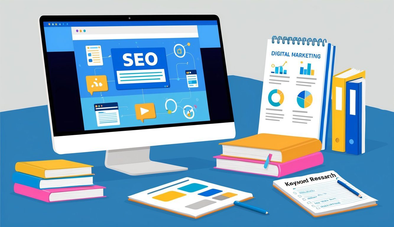 A computer screen displaying a web page with various SEO concepts, surrounded by books on digital marketing and a notepad with keyword research notes